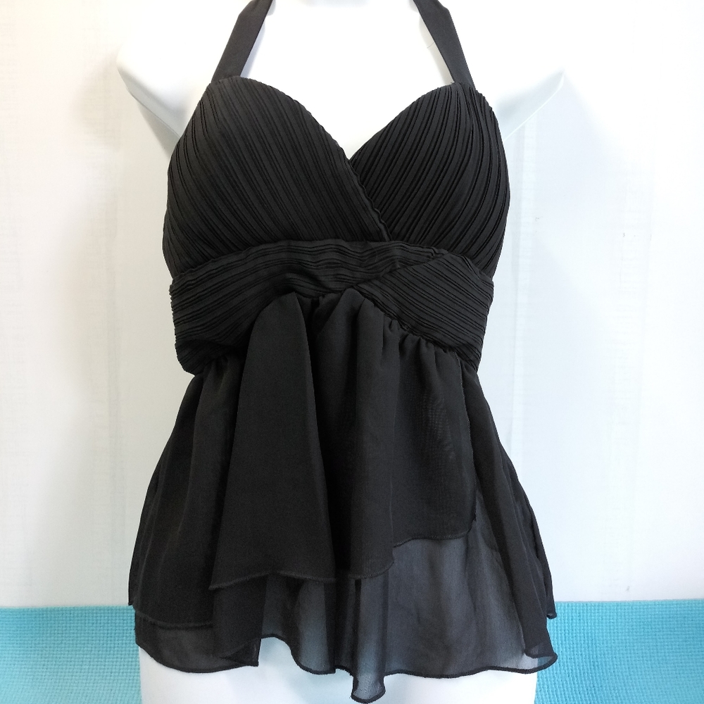 NEW Misope Chiffon Semi Sheer Halter Layered Top Peplum Size M
